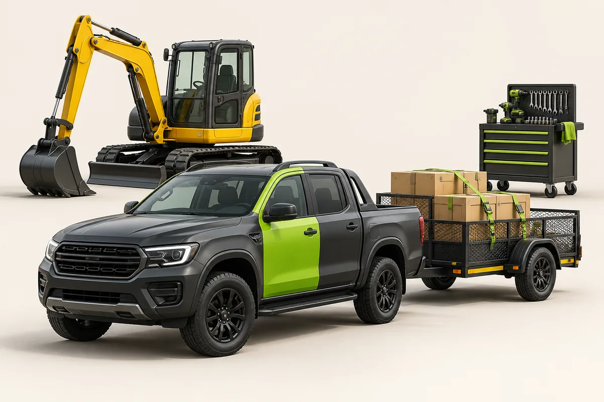 Illustration of a pickup, loaded trailer, excavator and mechanic’s tools